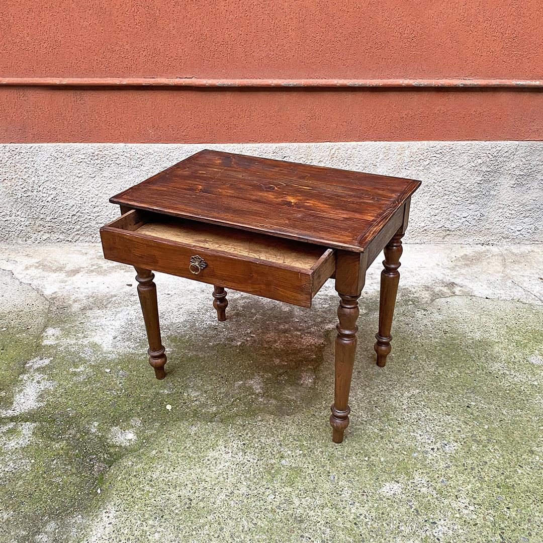 Italian Antique Rectangular Fir Table with Brass Handle and Shaped Legs, 1910s For Sale 1
