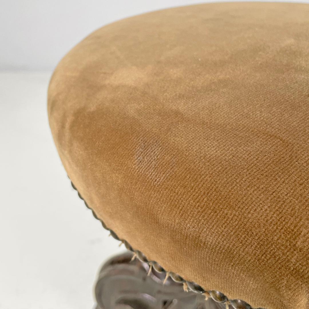 Italian antique round seat stool in decorated wood and brown velvet, late 1800s 5