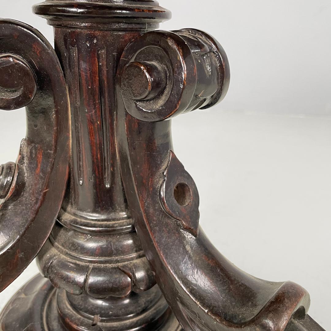 Italian antique round seat stool in decorated wood and brown velvet, late 1800s 7