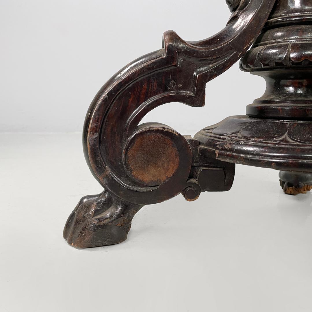 Italian antique round seat stool in decorated wood and brown velvet, late 1800s 9