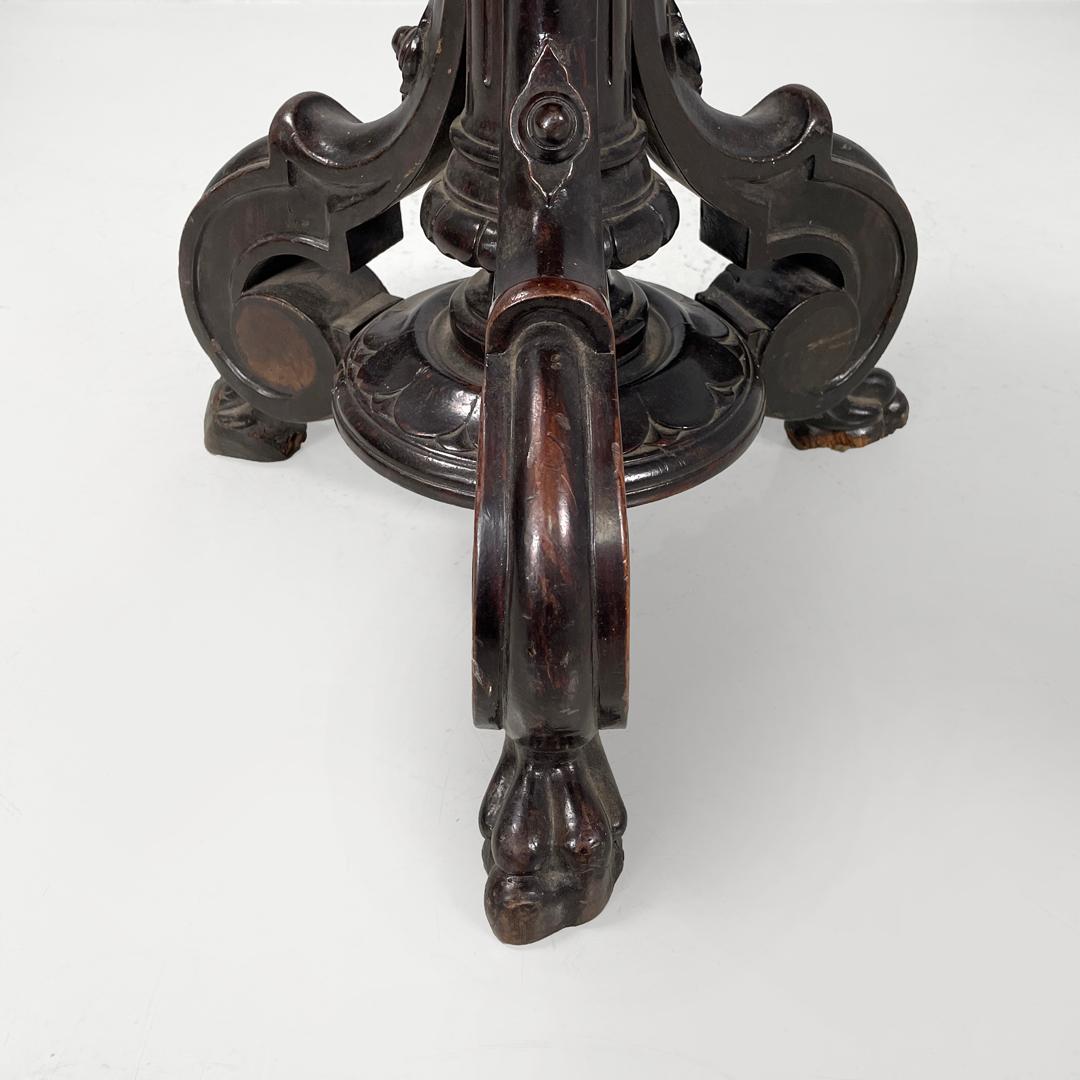 Italian antique round seat stool in decorated wood and brown velvet, late 1800s 11