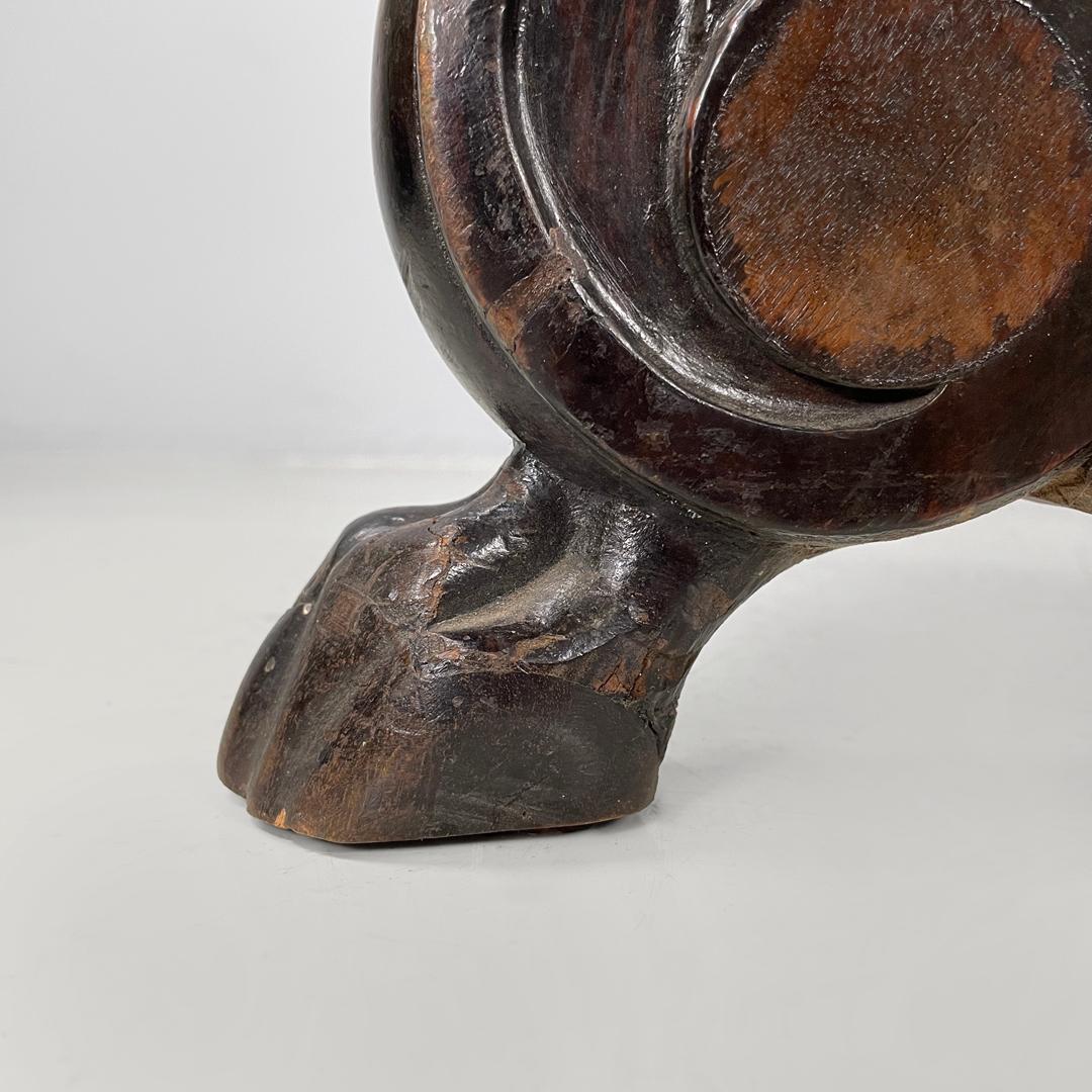 Italian antique round seat stool in decorated wood and brown velvet, late 1800s 13