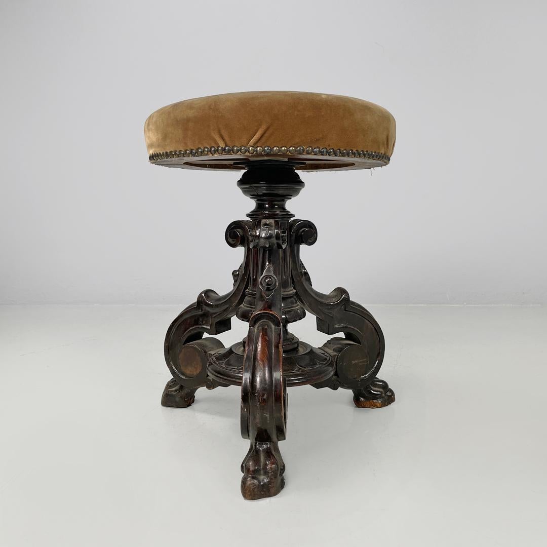 Italian antique round seat stool in decorated wood and brown velvet, late 1800s In Fair Condition In MIlano, IT