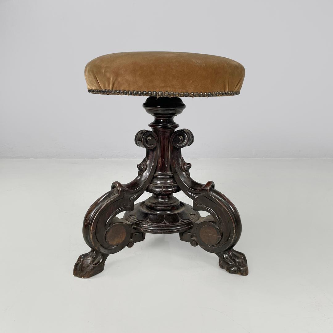 Late 19th Century Italian antique round seat stool in decorated wood and brown velvet, late 1800s