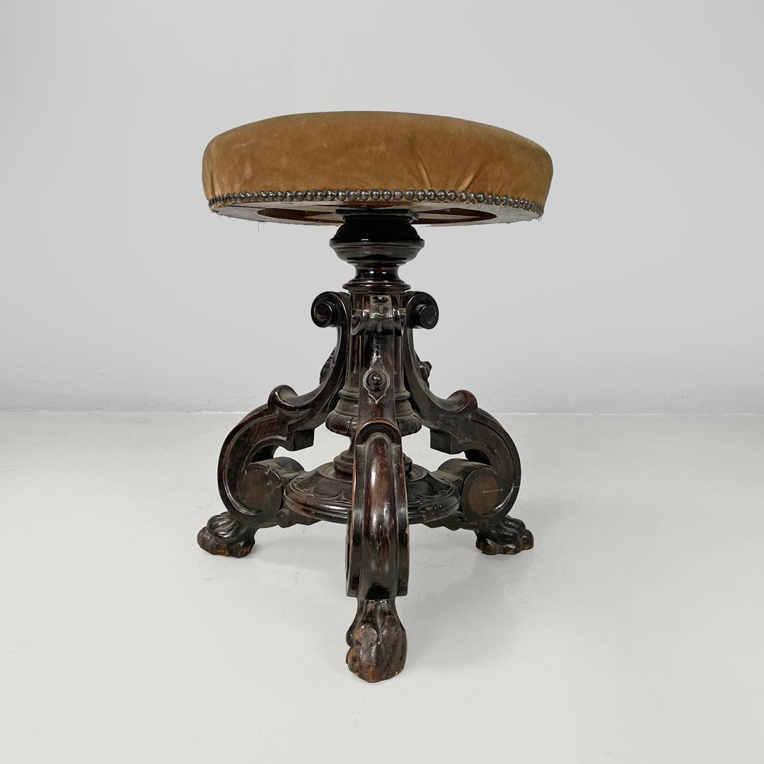 Brass Italian antique round seat stool in decorated wood and brown velvet, late 1800s