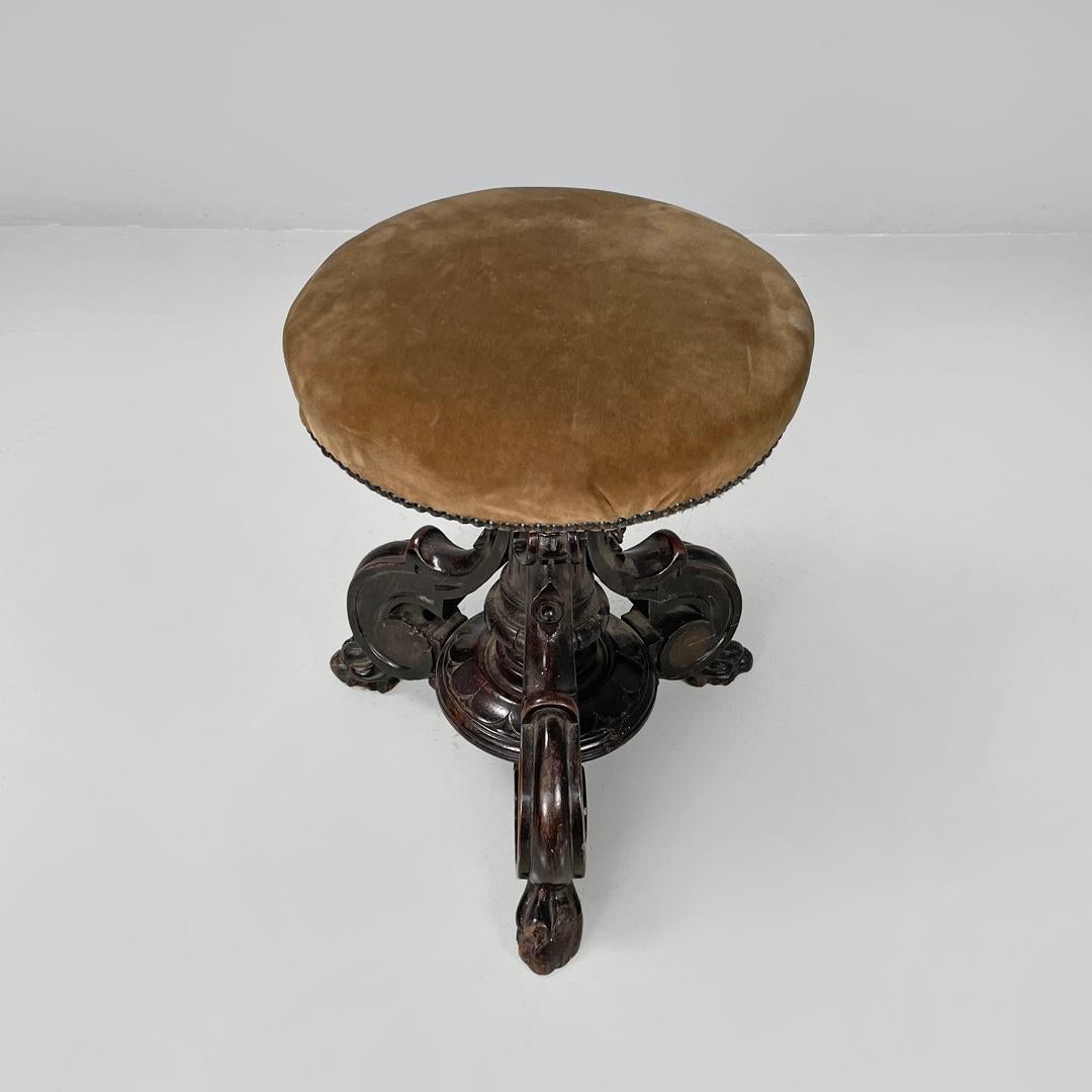 Italian antique round seat stool in decorated wood and brown velvet, late 1800s 1