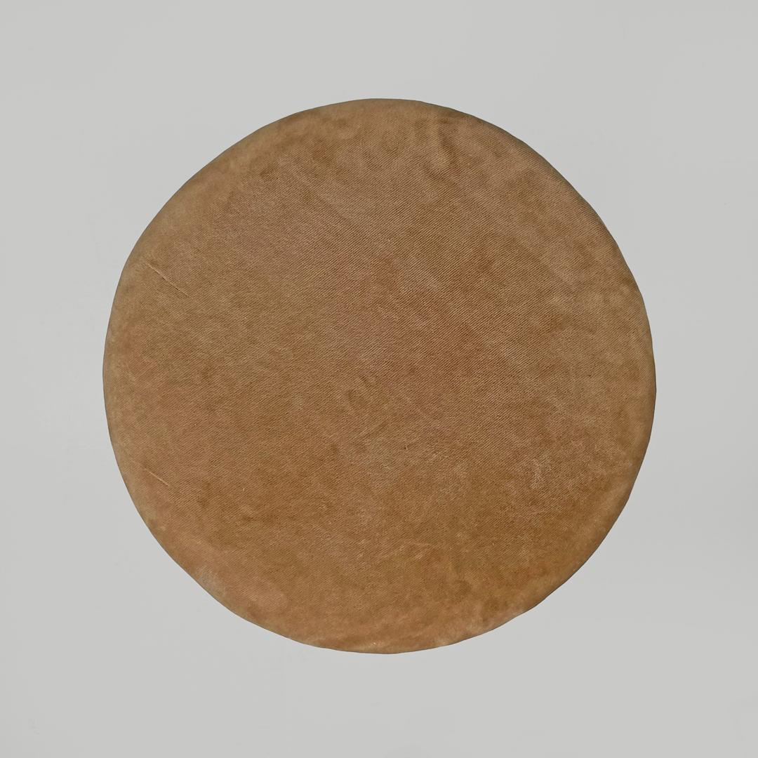 Italian antique round seat stool in decorated wood and brown velvet, late 1800s 2