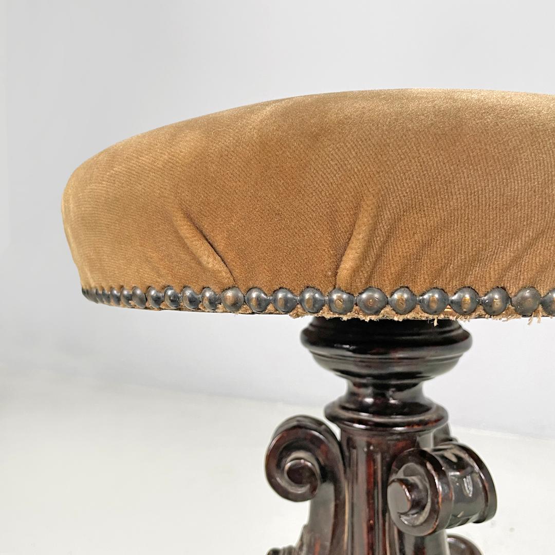 Italian antique round seat stool in decorated wood and brown velvet, late 1800s 3