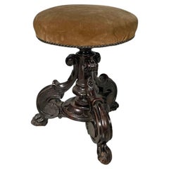 Italian antique round seat stool in decorated wood and brown velvet, late 1800s
