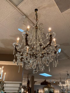 Italian antique six light crystal and bronze chandelier