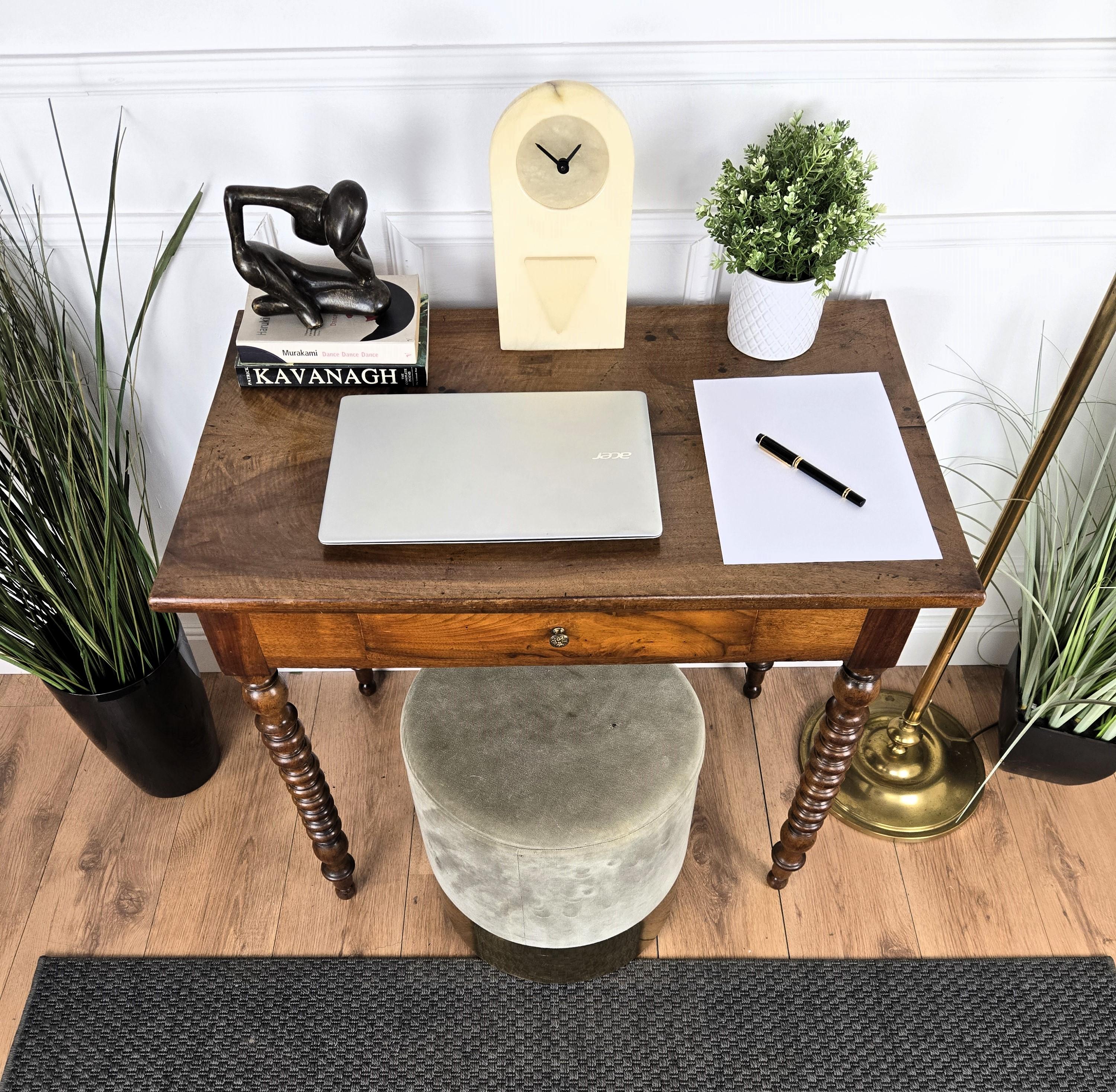 20th Century Italian Antique Solid Walnut Bobbin Turned Rustic Console Table Writing Desk