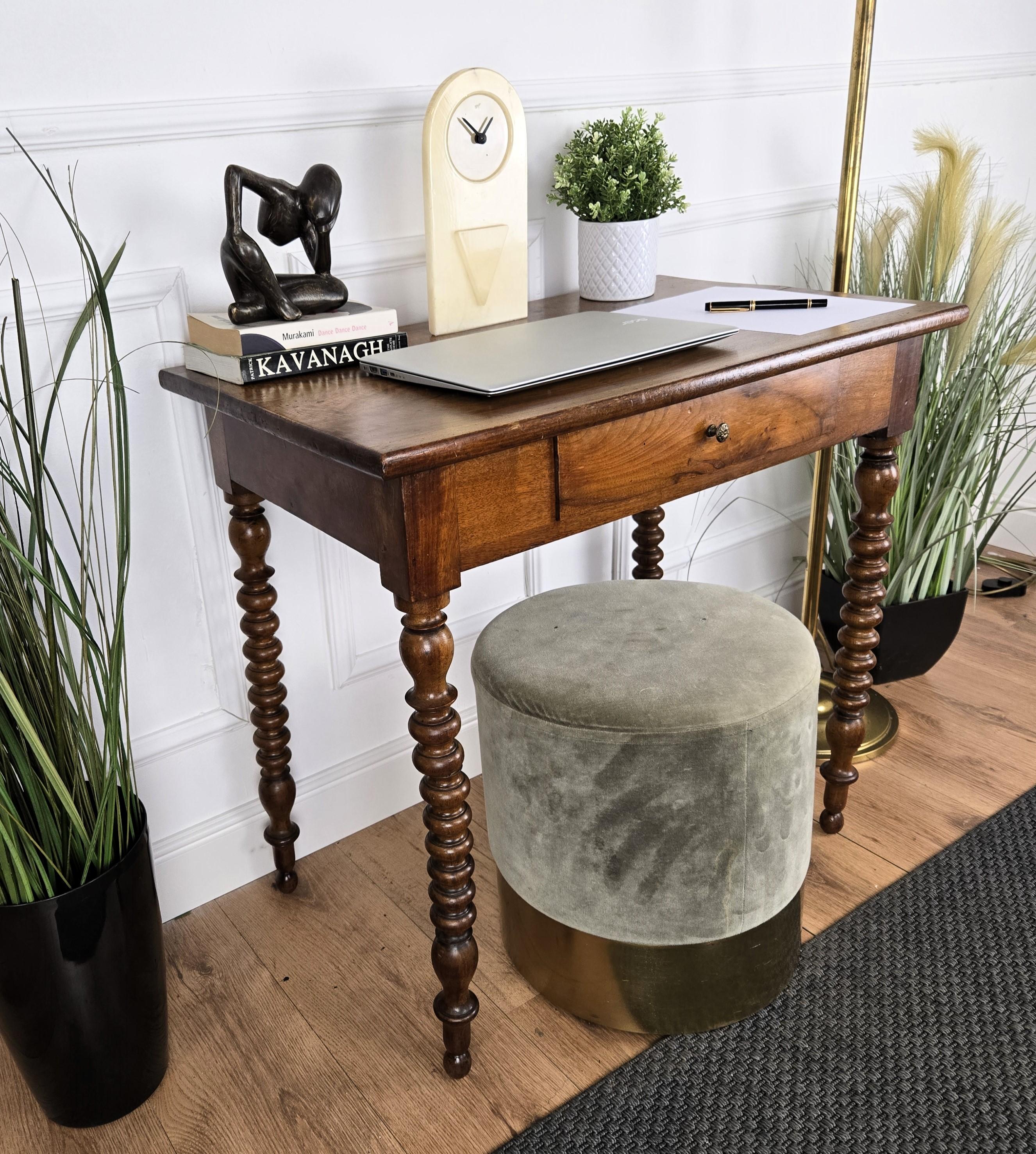 Wood Italian Antique Solid Walnut Bobbin Turned Rustic Console Table Writing Desk