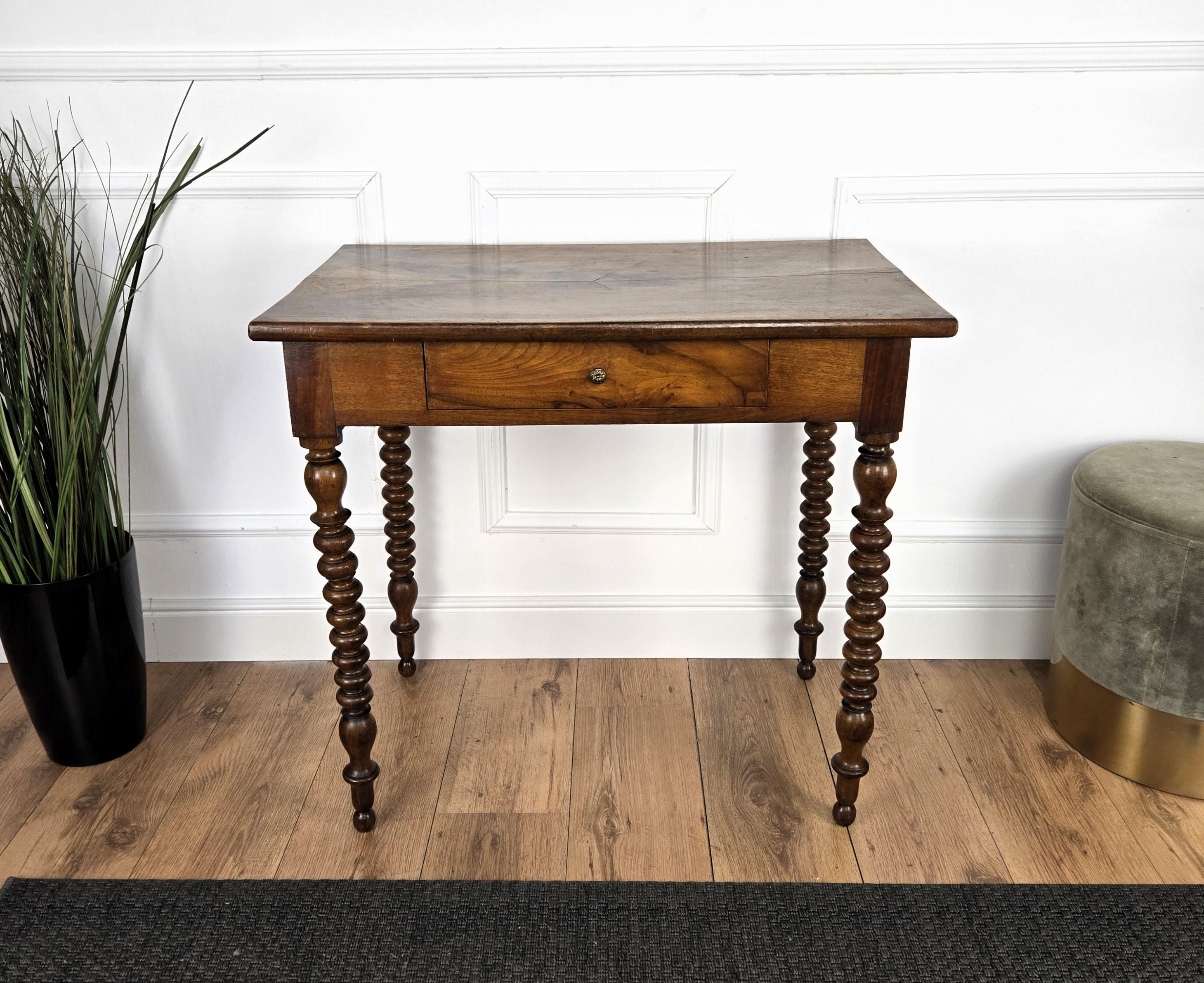 Italian Antique Solid Walnut Bobbin Turned Rustic Console Table Writing Desk 1
