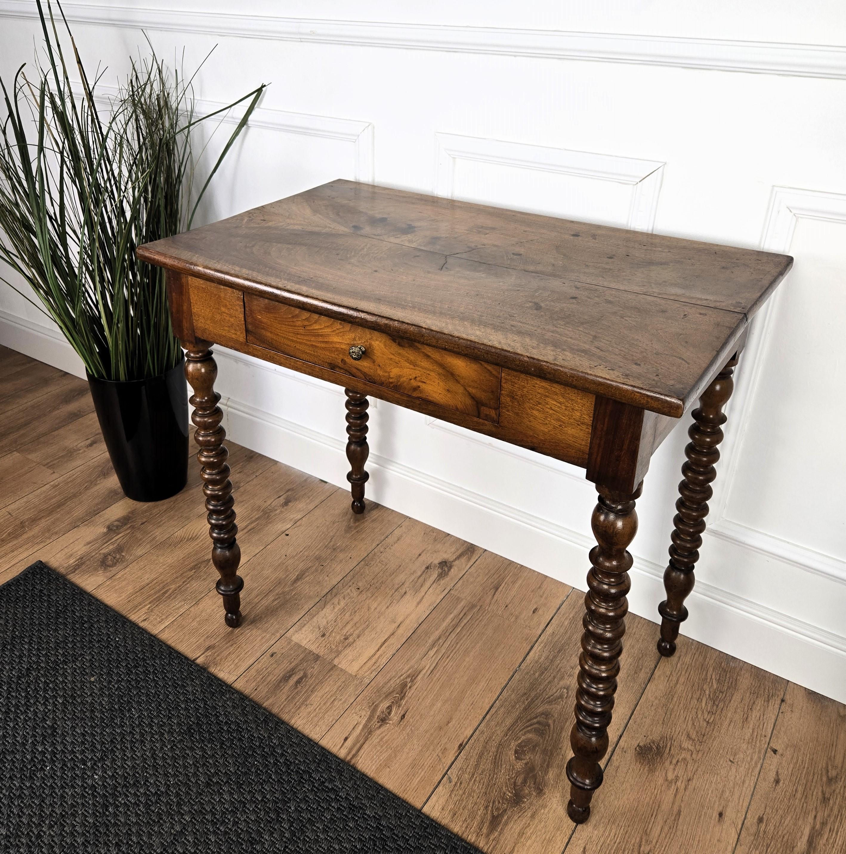 Italian Antique Solid Walnut Bobbin Turned Rustic Console Table Writing Desk 2