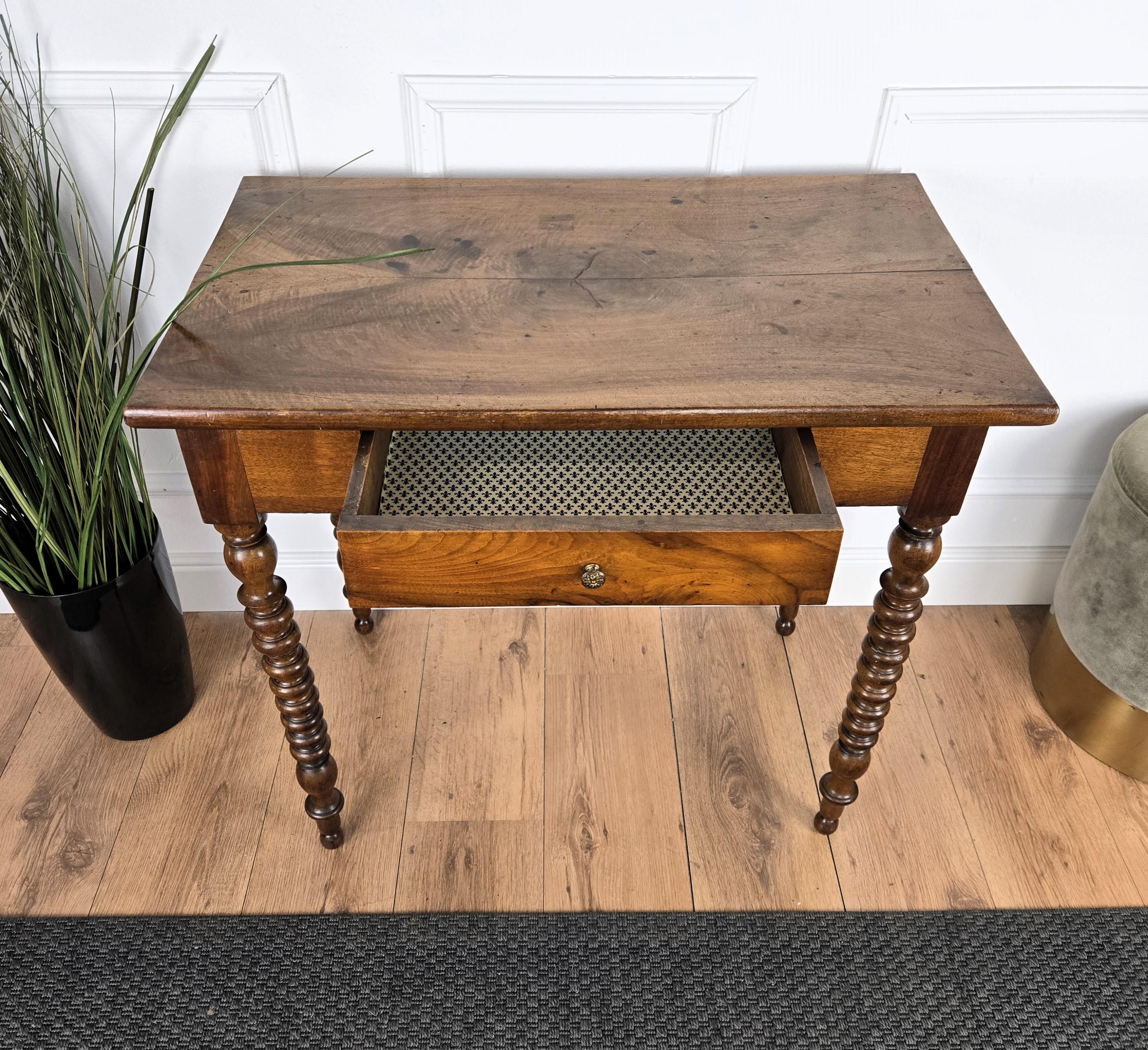 Italian Antique Solid Walnut Bobbin Turned Rustic Console Table Writing Desk 3