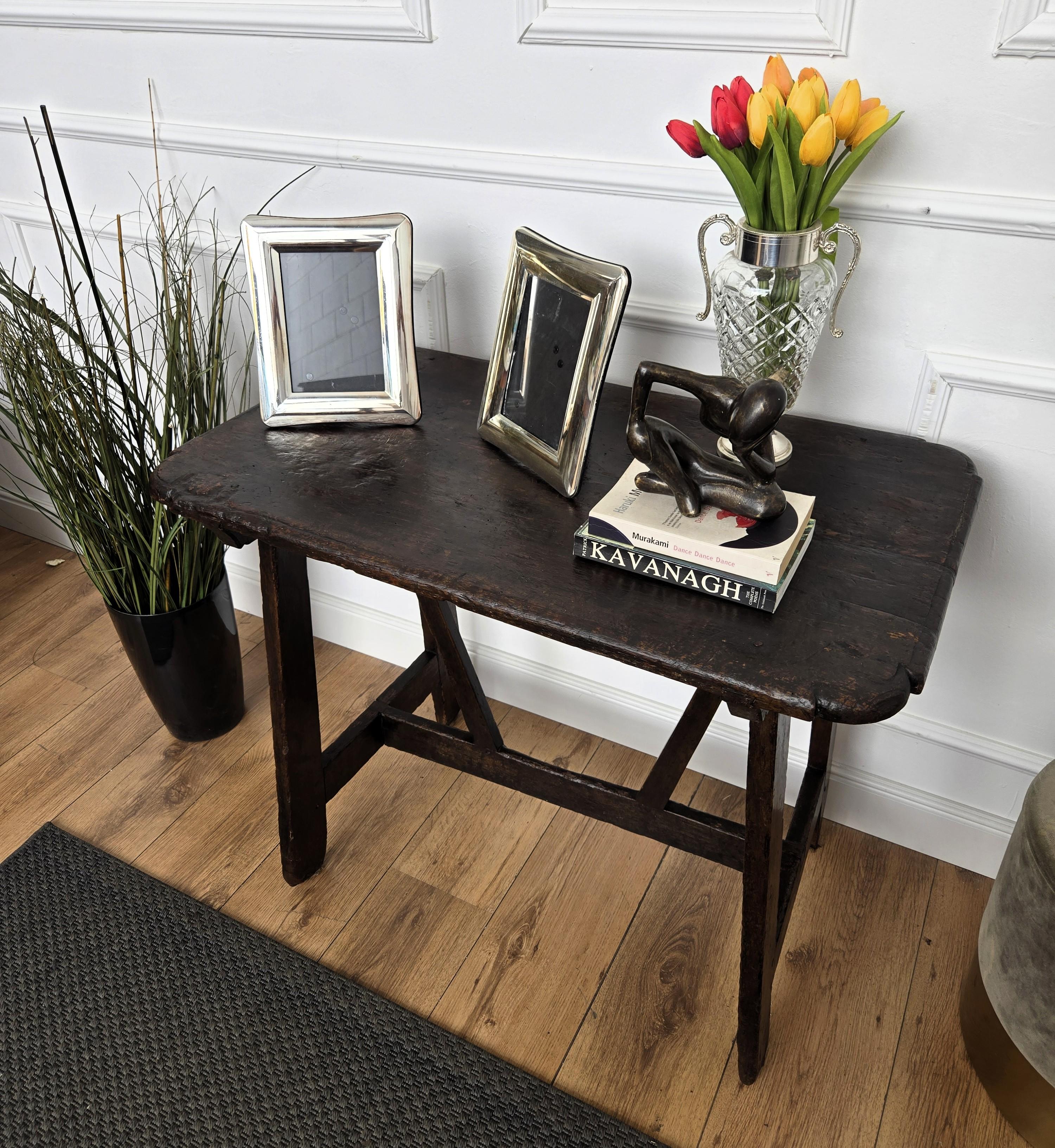 20th Century Italian Antique Solid Walnut Rustic Console Table Desk Writing Table For Sale