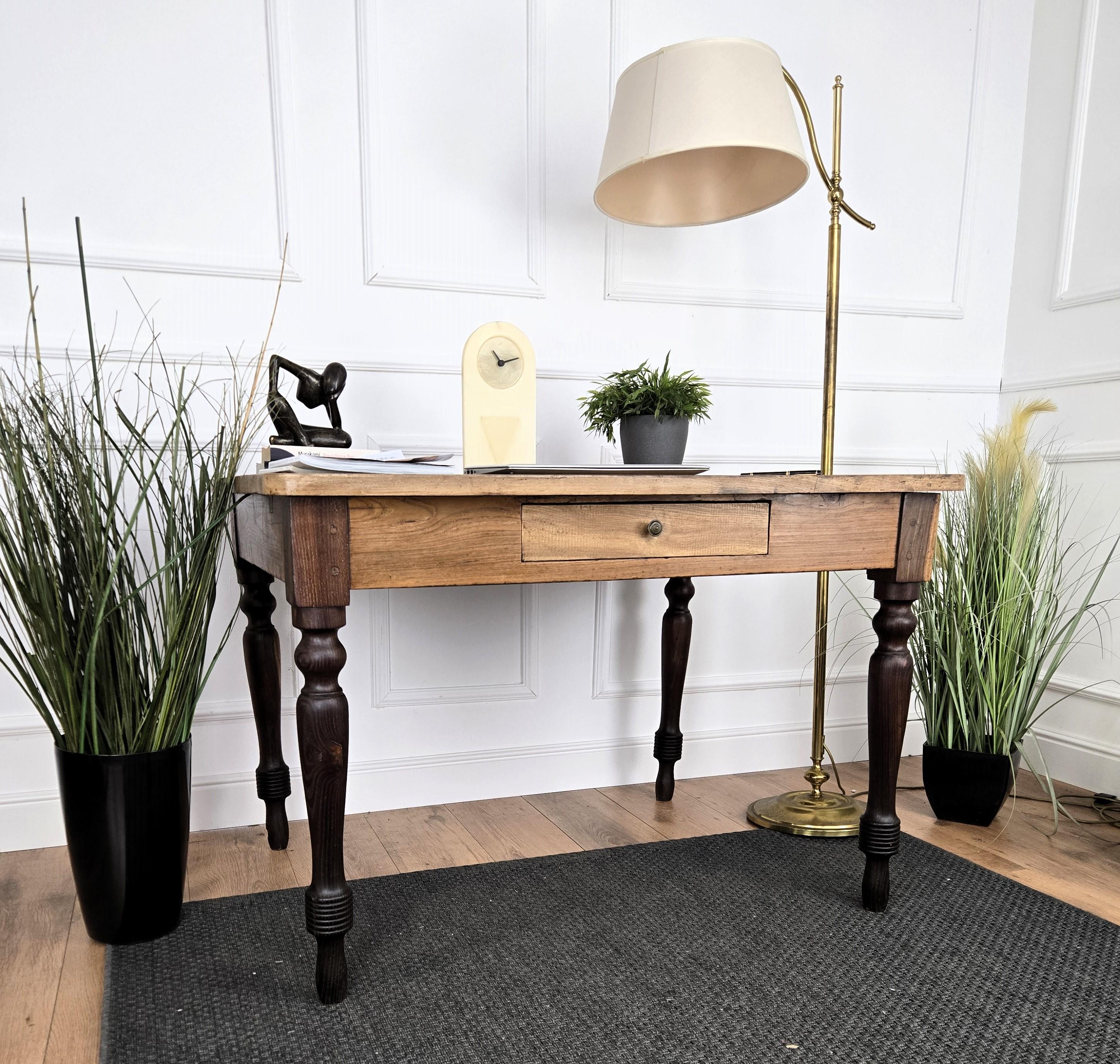 Wood Italian Antique Solid Walnut Rustic Dining Table Writing Desk For Sale