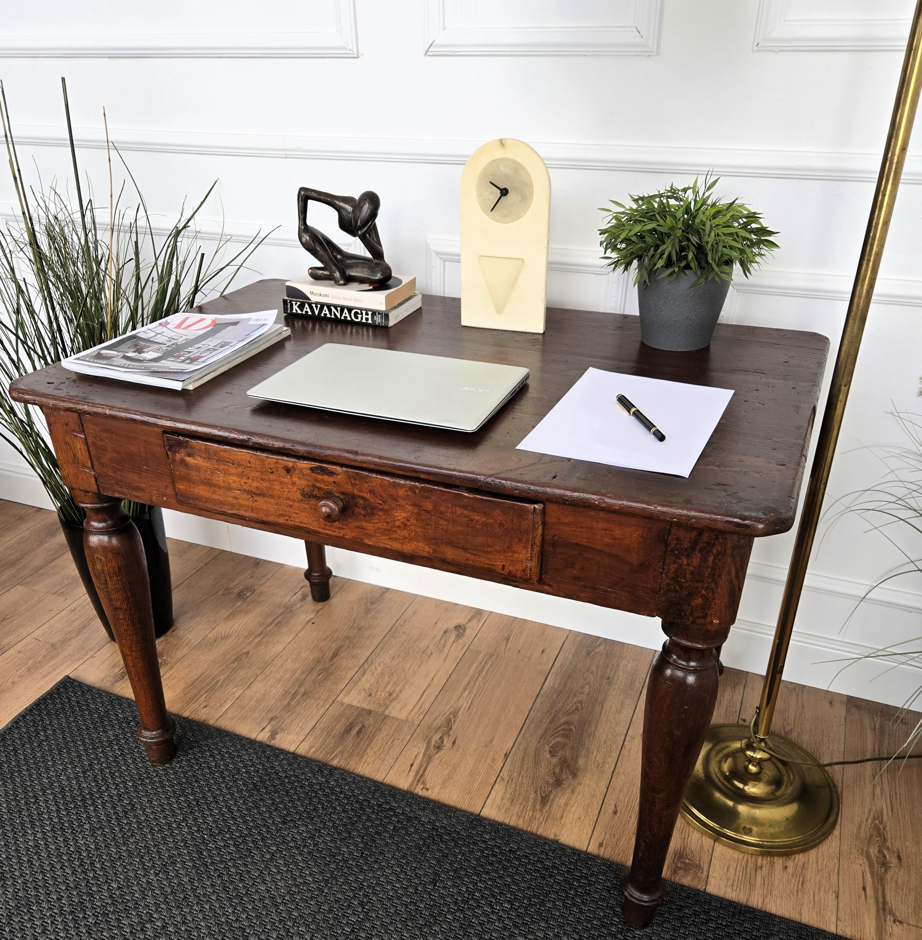 20th Century Italian Antique Solid Walnut Rustic Table Desk Writing Table