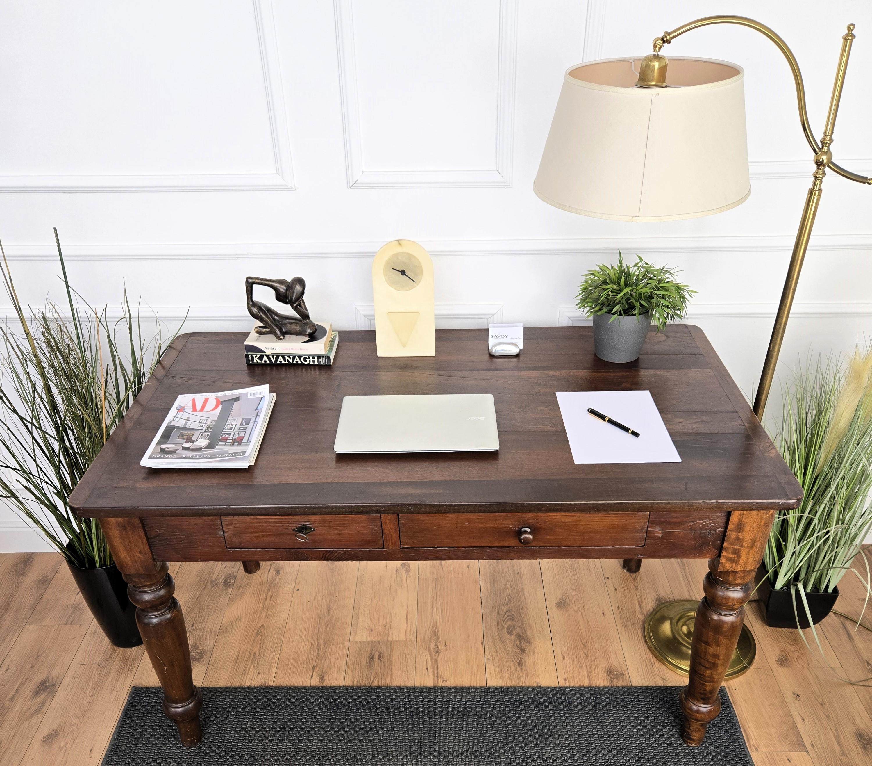20th Century Italian Antique Solid Walnut Rustic Table Desk Writing Table