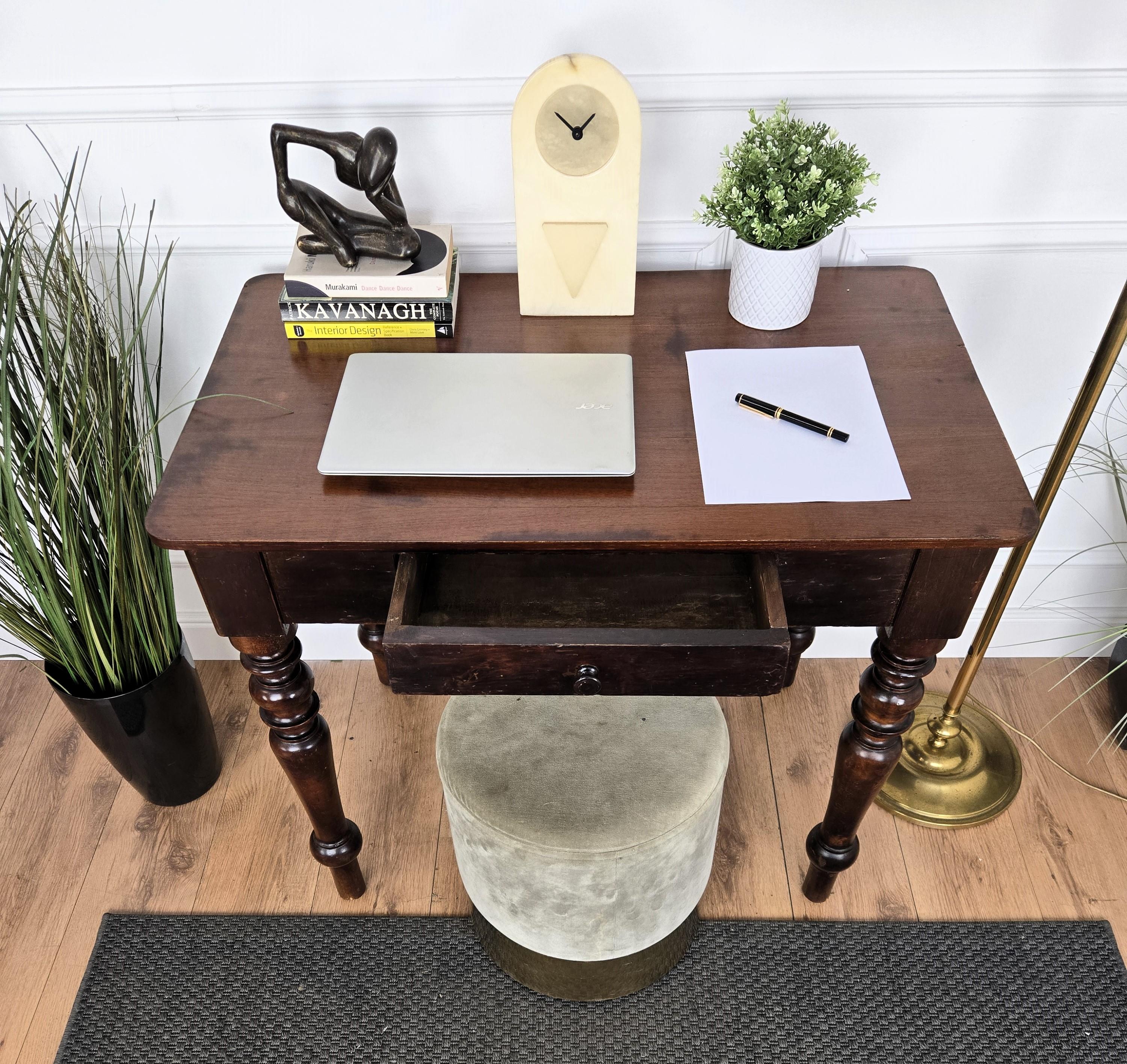 Wood Italian Antique Solid Walnut Rustic Table Desk Writing Table For Sale