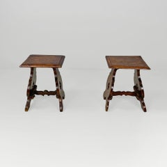 Italian antique square seat stool in decorated wood, late 1800s