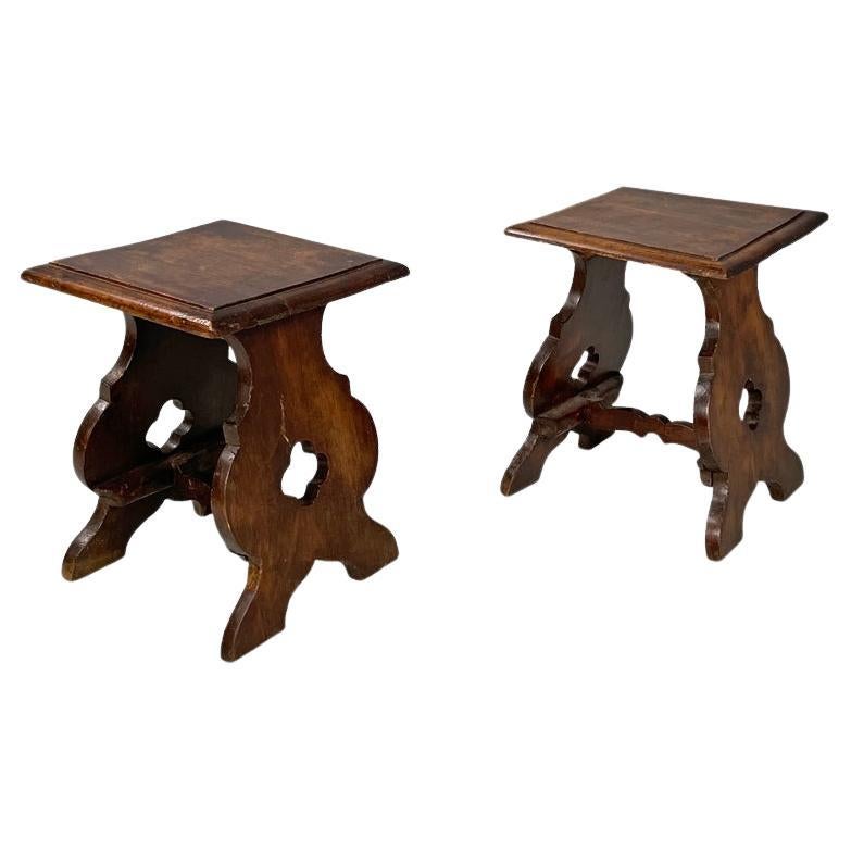 Italian antique square seat stool in decorated wood, late 1800s in vendita