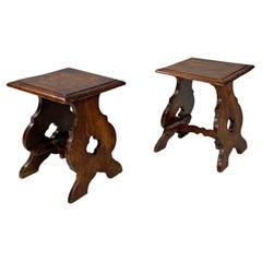 Italian antique square seat stool in decorated wood, late 1800s