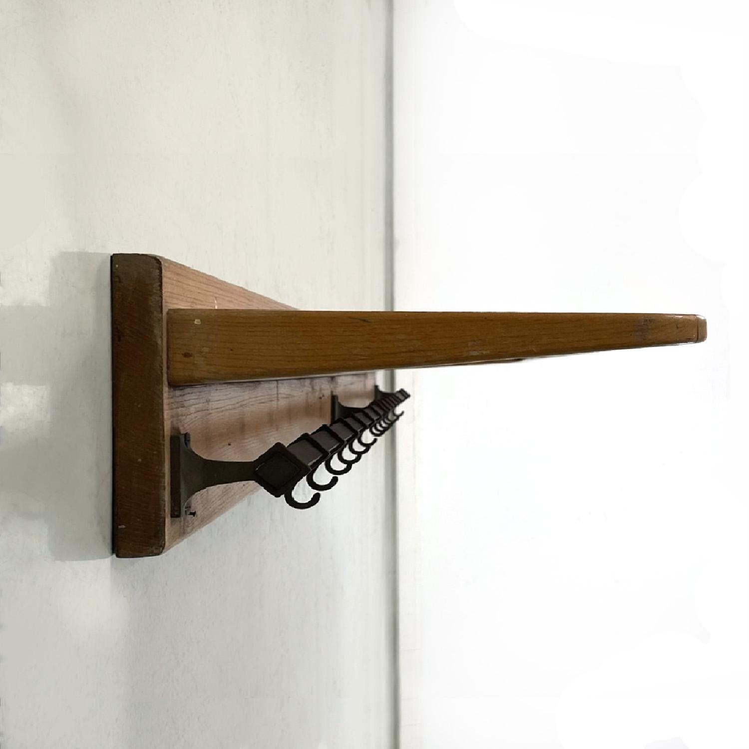 Art Deco Italian antique straw and wood wall coat hanger with metal bar 12 hooks, 1920s