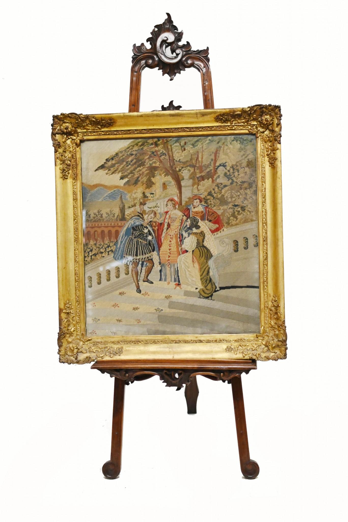 Gorgeous Italian tapestry needlepoint in a gilt frame
Such intricate needlepoint work showing a nobleman on the steps of their Tuscan villa
Gilt frame itself is a work of art and hand carved
Great piece to be hung on the wall
Circa 1880
Offered in