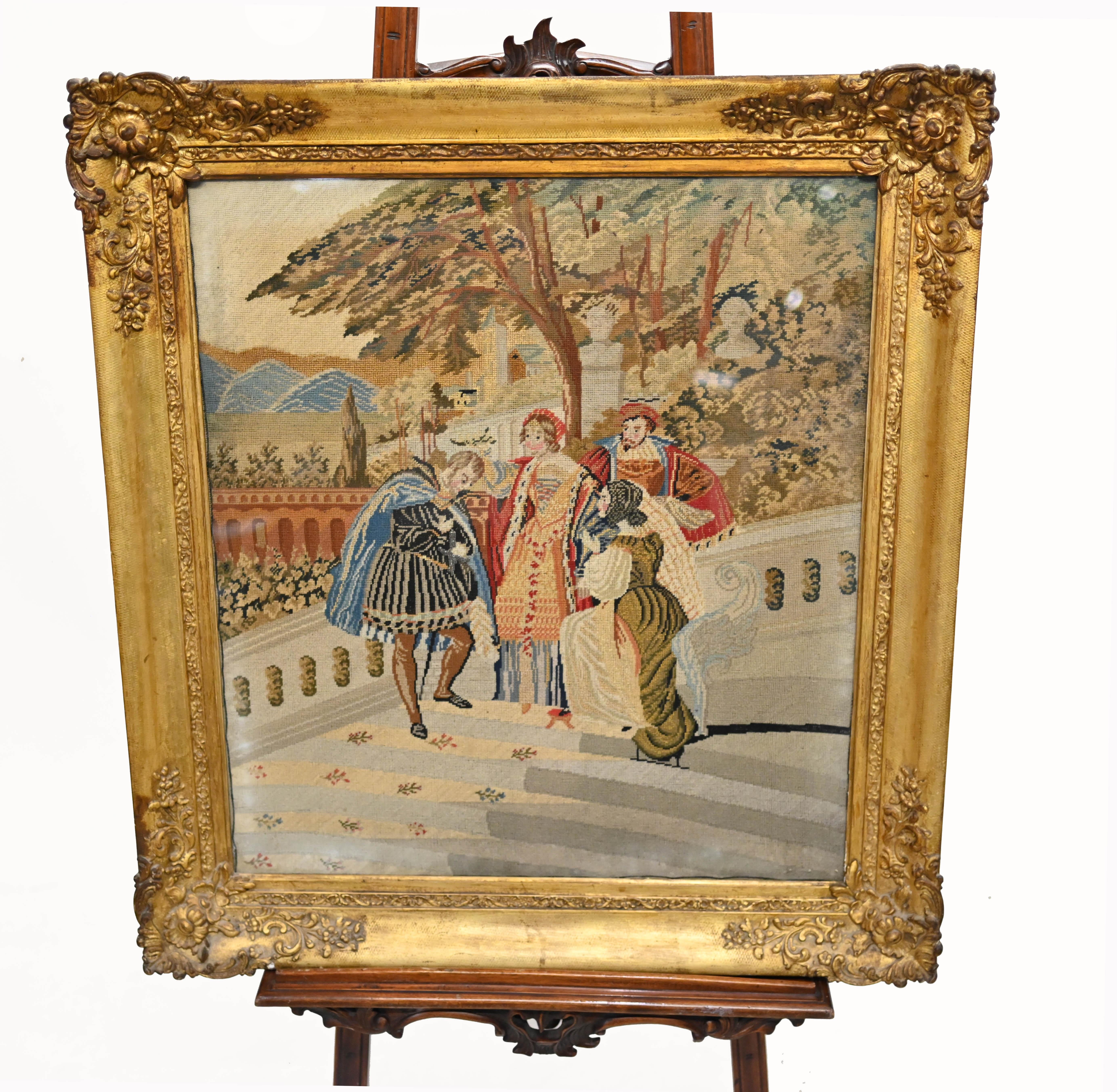 Italian Antique Tapestry Tuscan Nobleman Gilt Frame 1880 In Good Condition In Potters Bar, GB