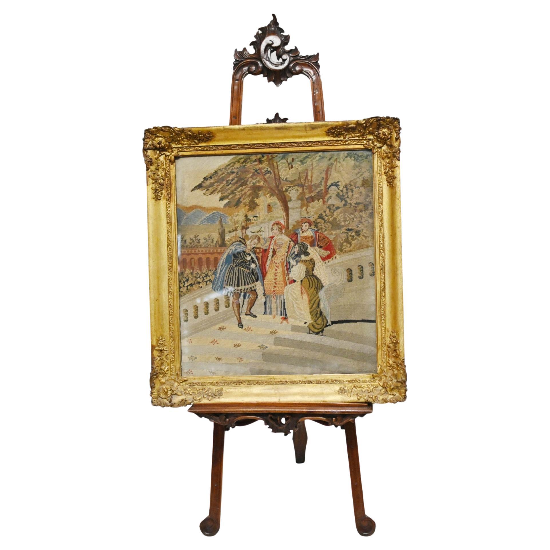 Italian Antique Tapestry Tuscan Nobleman Gilt Frame 1880 For Sale
