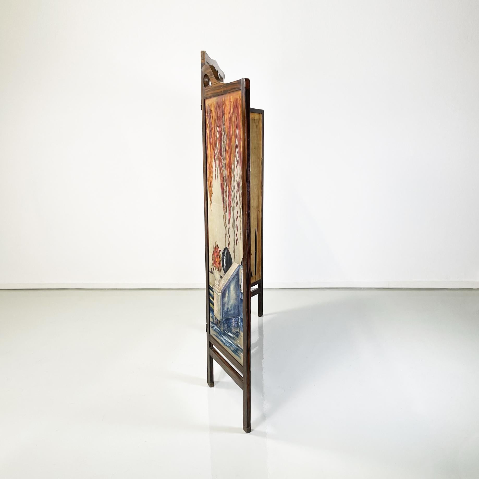 Italian antique Three-door screen hand painted on fabric and wood, early 1900s
Three-door screen with wooden structure and fabric interior, hand painted on one side. The painted subjects represent two women at the shore of a lake with swans. The two