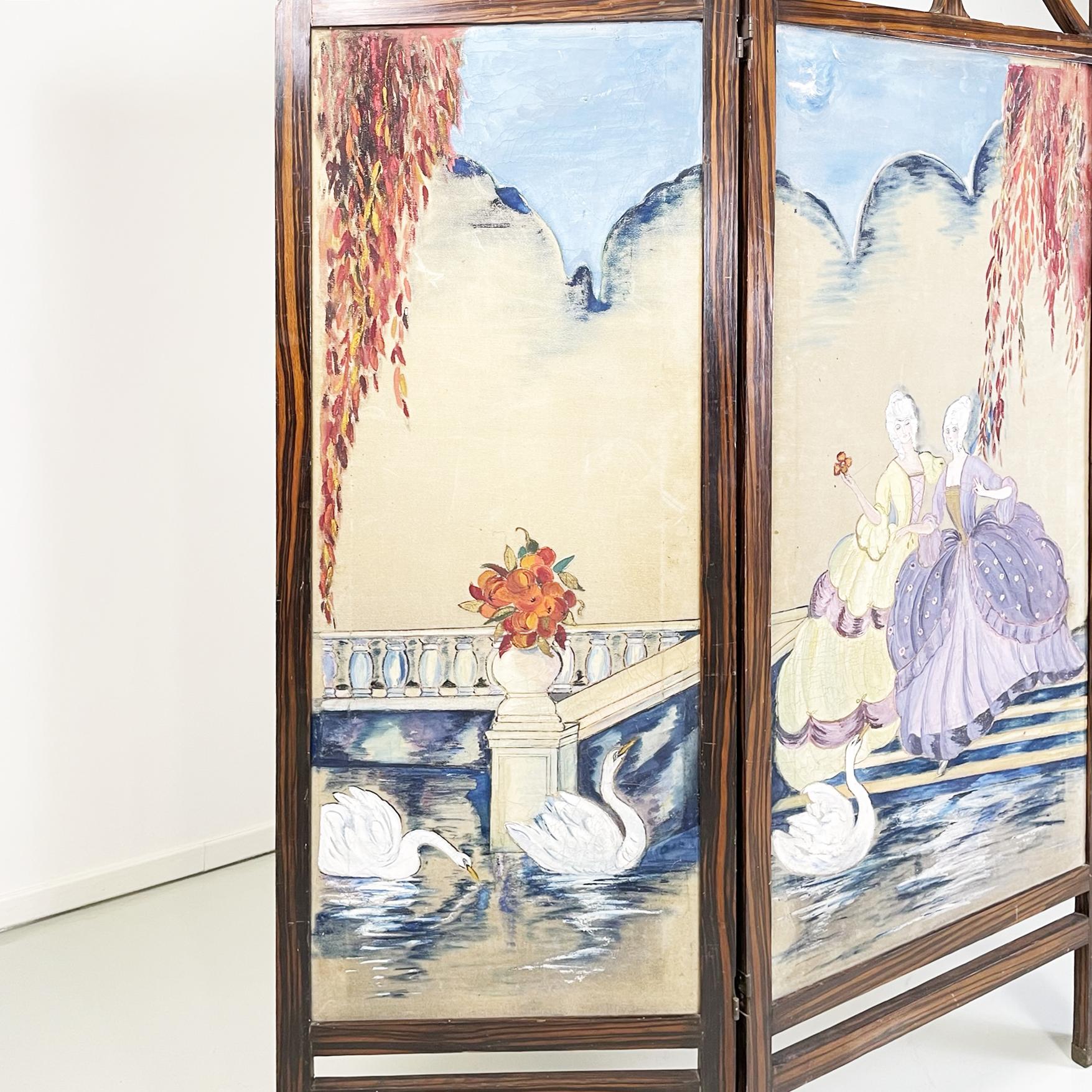20th Century Italian Antique Three-Door Screen Hand Painted on Fabric and Wood, Early 1900s For Sale