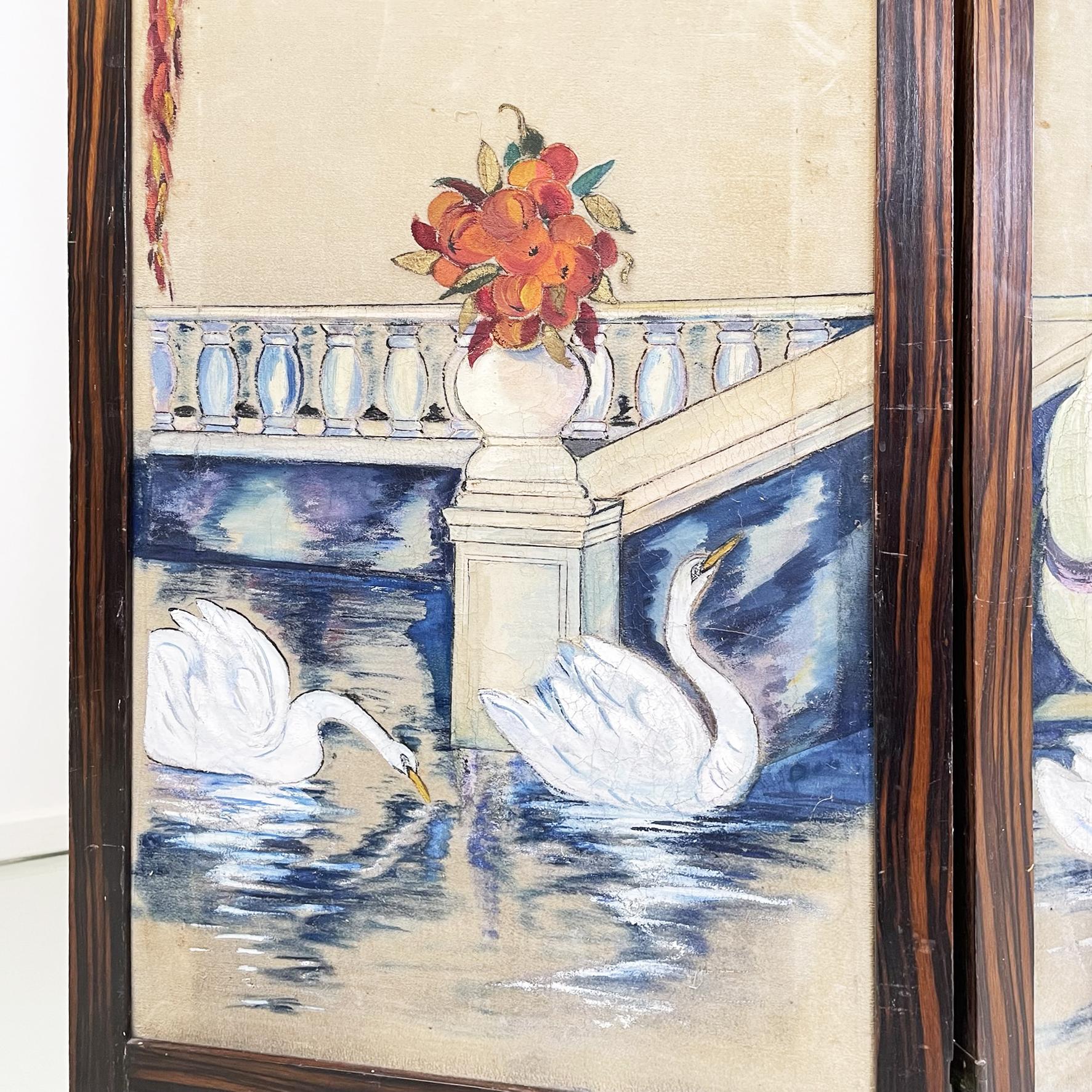 Italian Antique Three-Door Screen Hand Painted on Fabric and Wood, Early 1900s For Sale 2