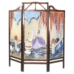 Italian Antique Three-Door Screen Hand Painted on Fabric and Wood, Early 1900s