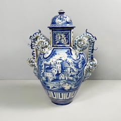 Italian antique vase with lid in blue and white majolica, 1715