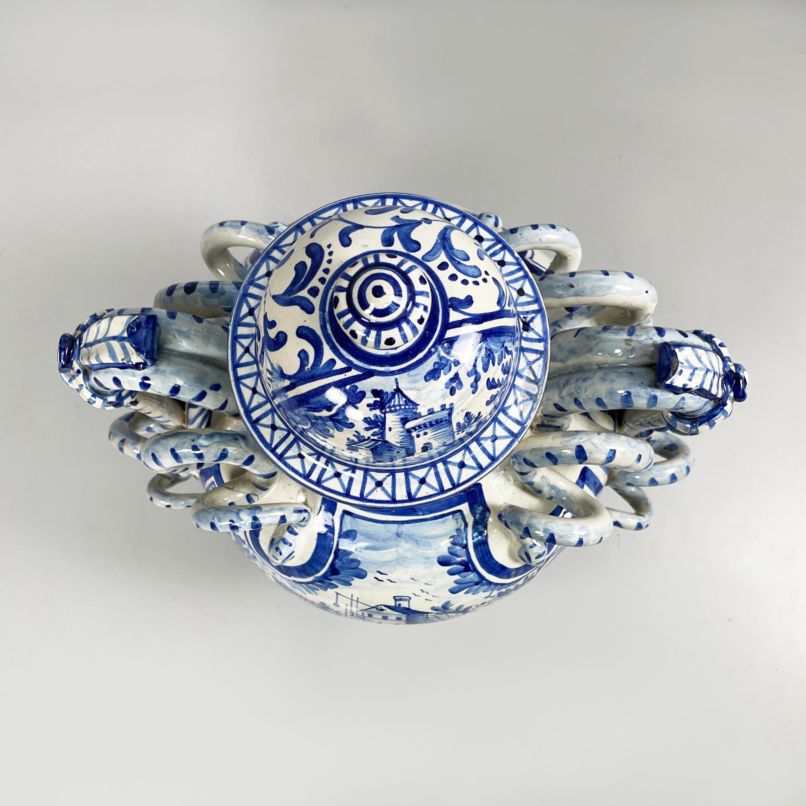 18th Century Italian antique vase with lid in blue and white majolica, 1715 For Sale