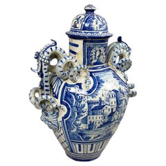 Italian antique vase with lid in blue and white majolica, 1715