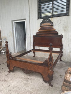 Italian Antique Victorian Carved Walnut Highback Full Bed Lincoln Style