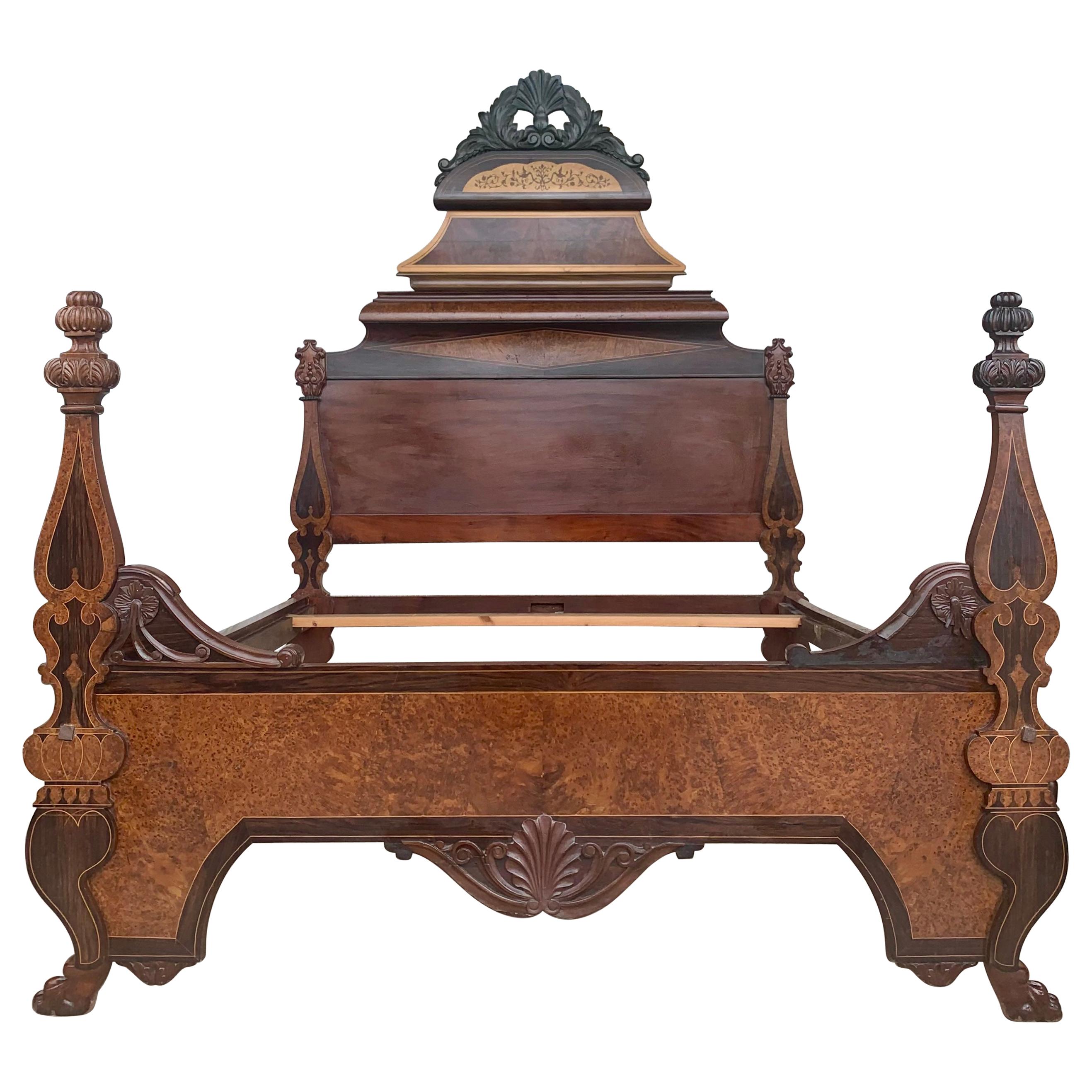 Italian Antique Victorian Carved Walnut Highback Full Bed Lincoln Style