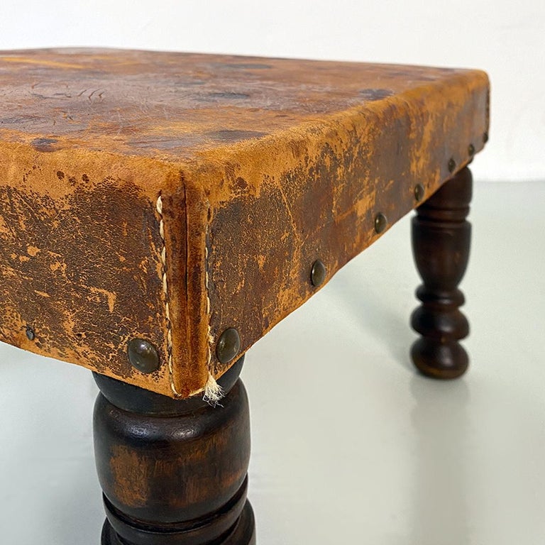 Italian Antique Walnut and Leather Footstools or Small Tables, 1930s