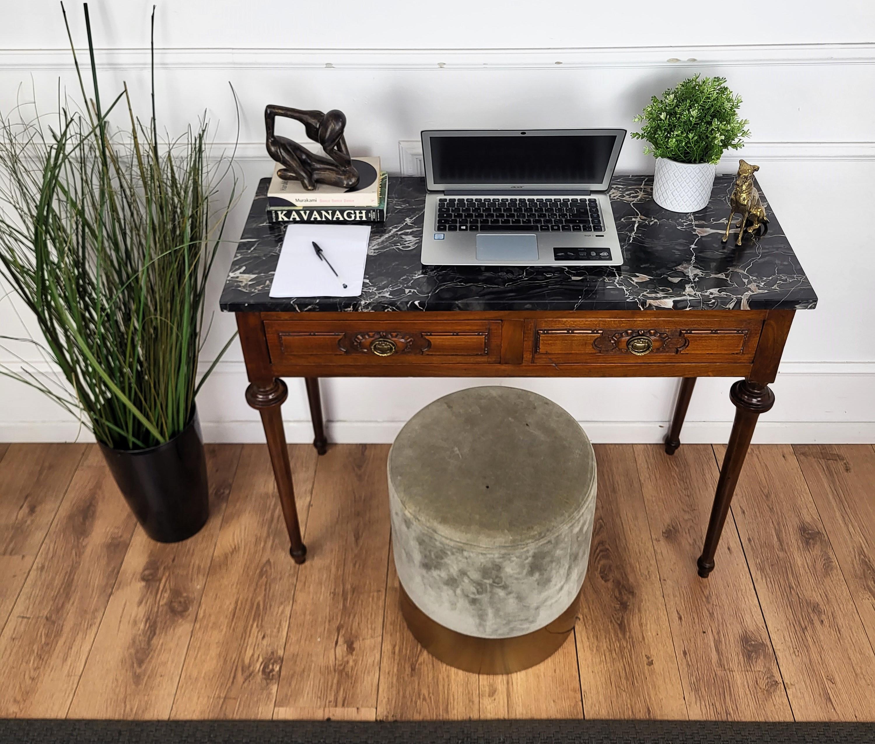 Italian Antique Walnut Rustic Table Desk Writing Table with Portoro Marble Top In Good Condition In Carimate, Como