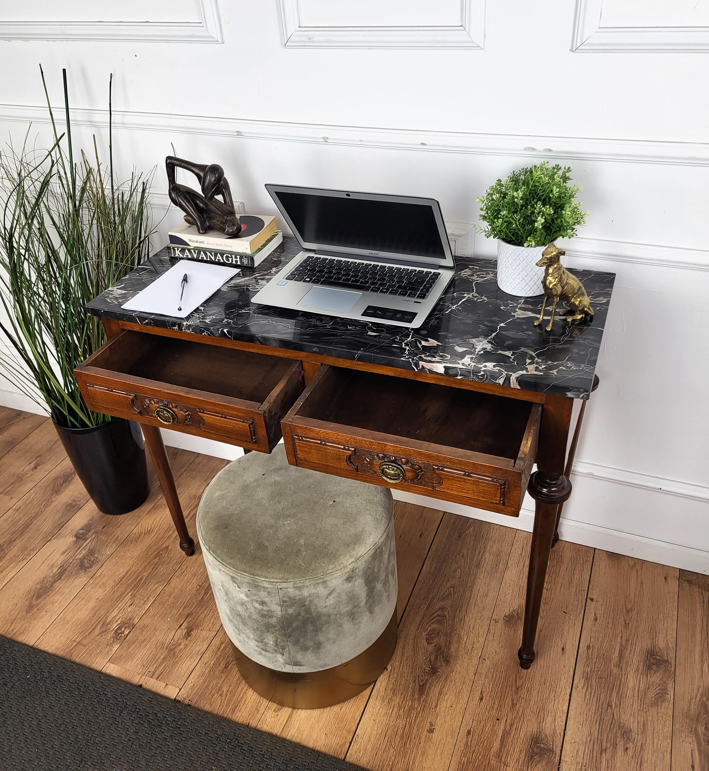 20th Century Italian Antique Walnut Rustic Table Desk Writing Table with Portoro Marble Top