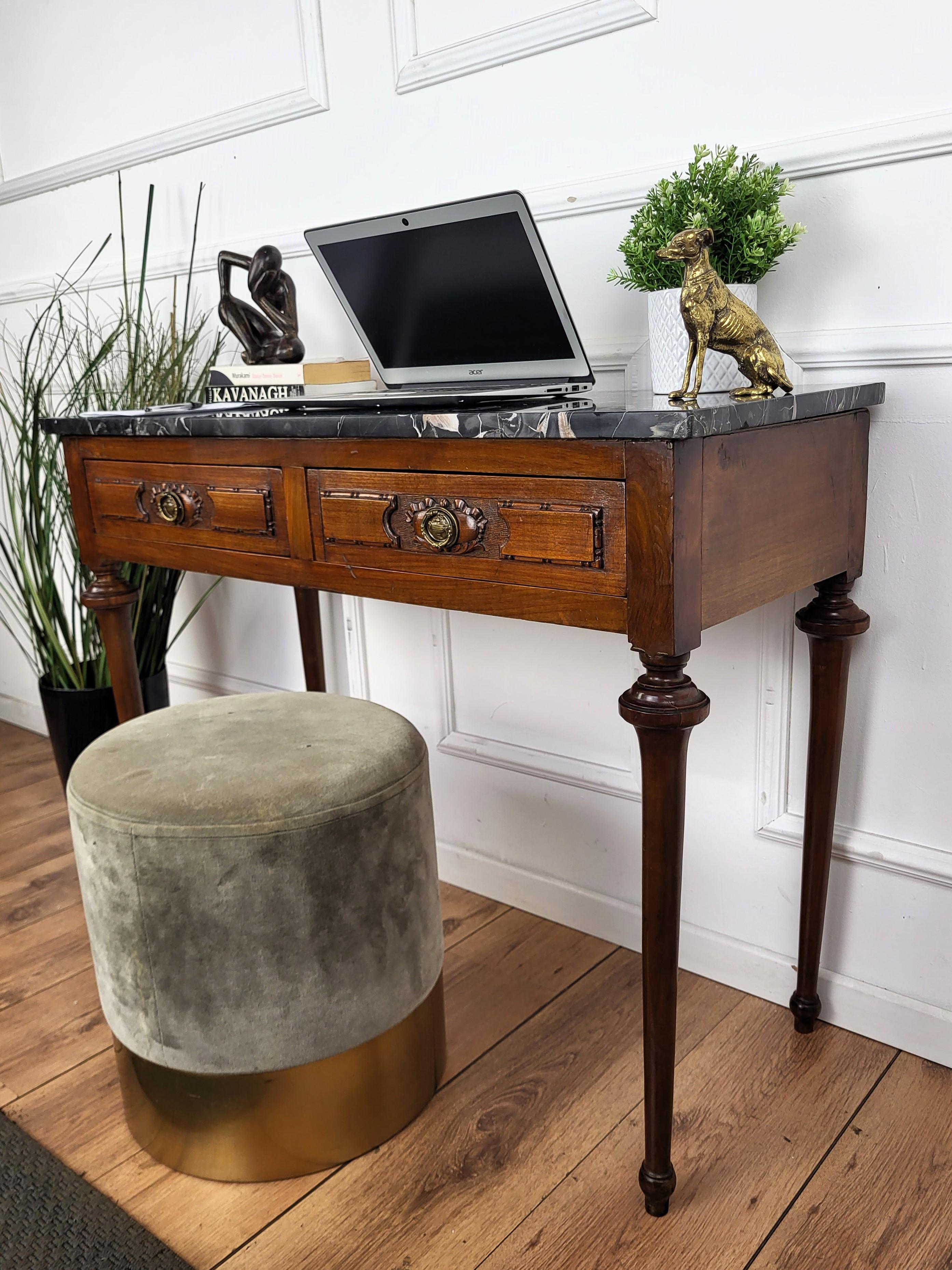 Wood Italian Antique Walnut Rustic Table Desk Writing Table with Portoro Marble Top