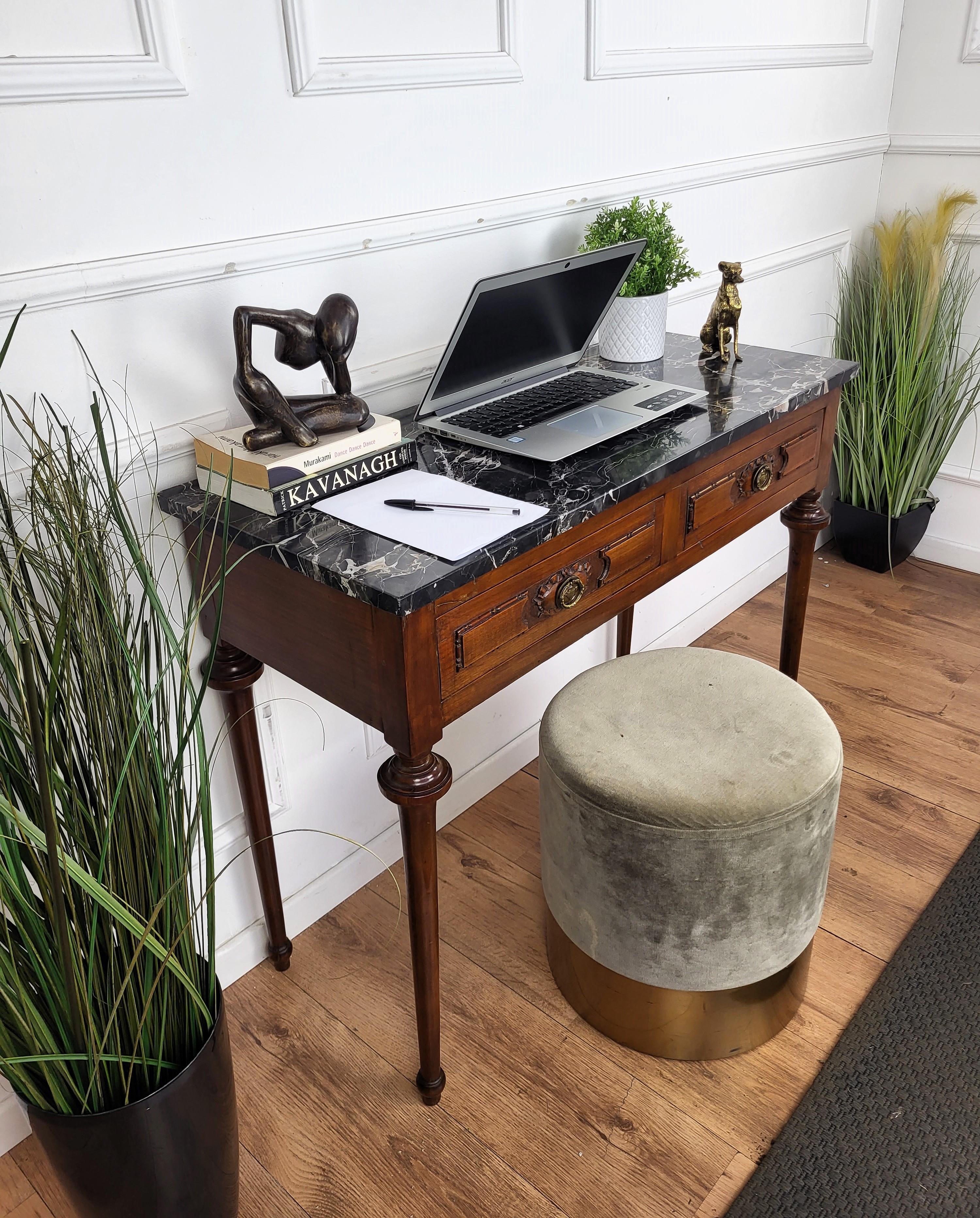 Italian Antique Walnut Rustic Table Desk Writing Table with Portoro Marble Top 1