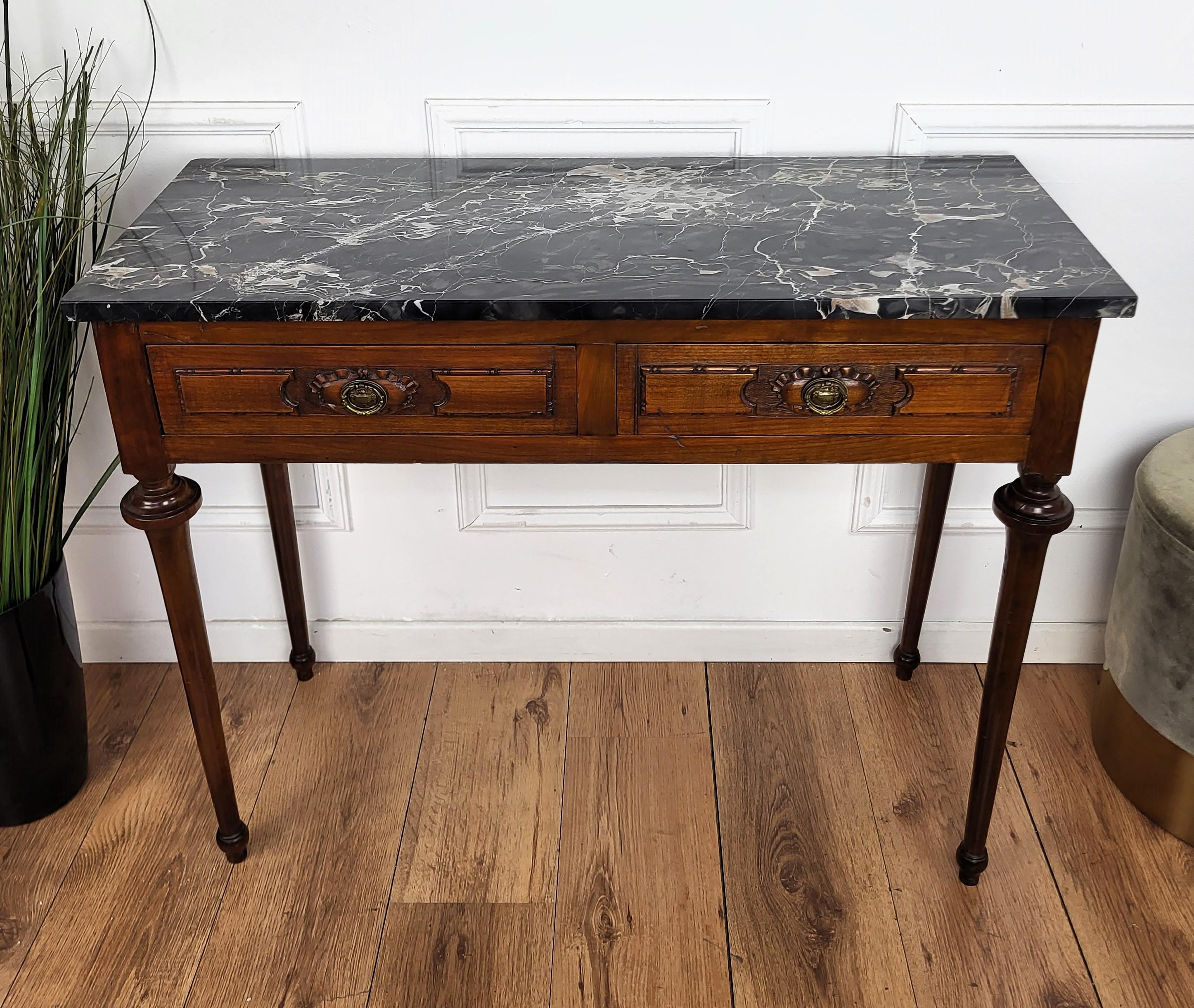 Italian Antique Walnut Rustic Table Desk Writing Table with Portoro Marble Top 2