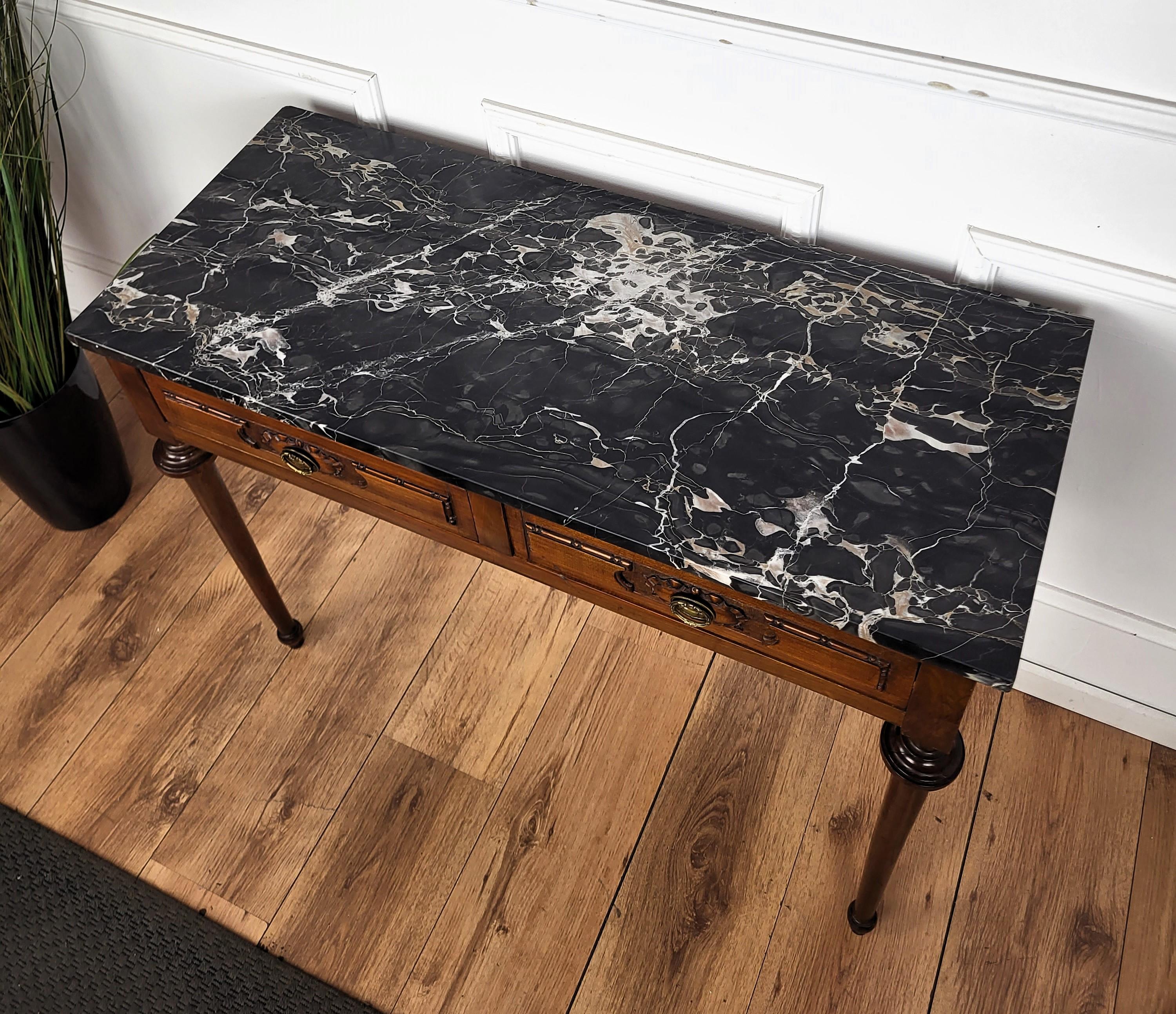Italian Antique Walnut Rustic Table Desk Writing Table with Portoro Marble Top 3