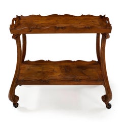 Italian Antique Walnut Two-Tier Serving Table Bar Cart, Early 20th Century