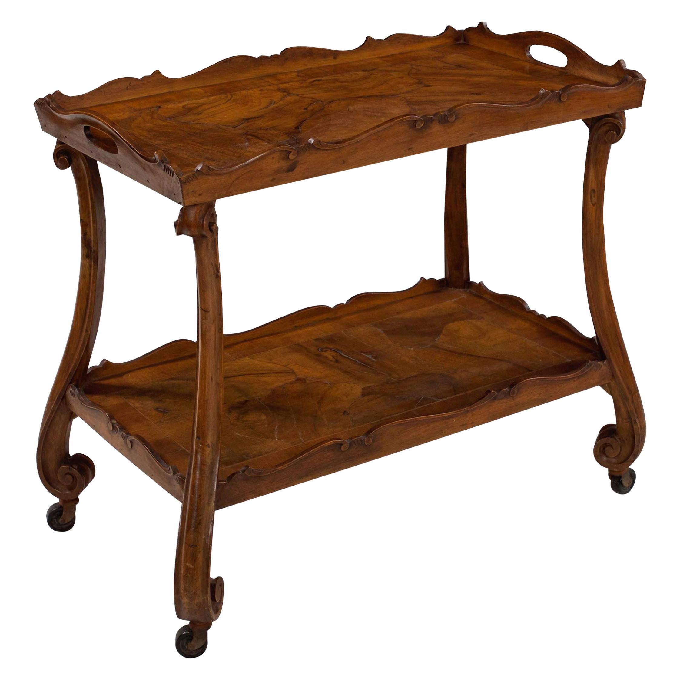 Italian Antique Walnut Two-Tier Serving Table Bar Cart, Early 20th Century