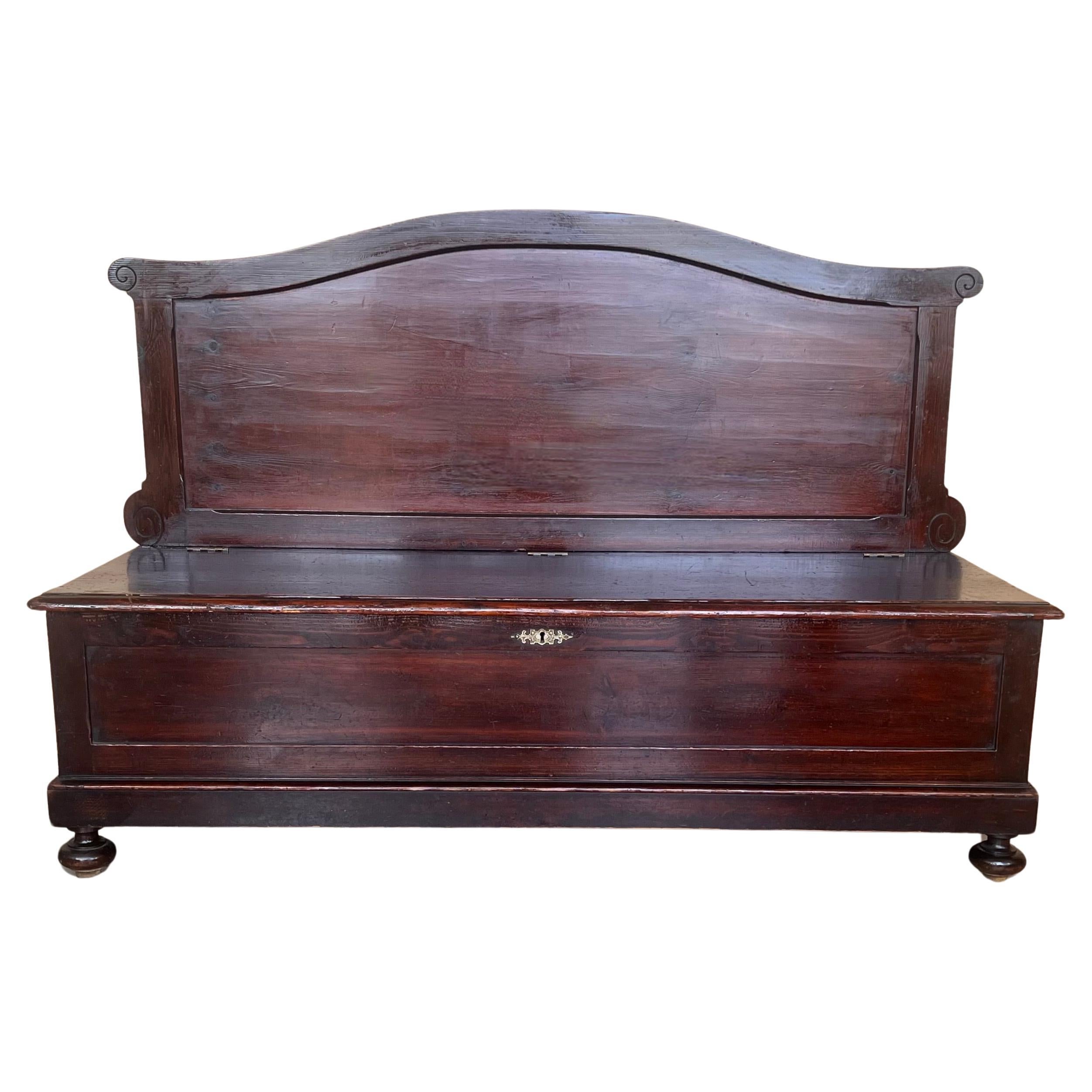 Italian Antique Walnut Wood Bench with Trunk